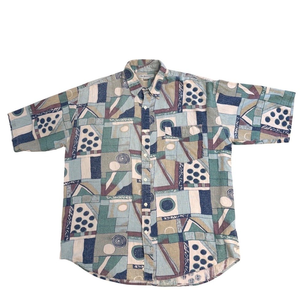 Nine Twenty East Mens Silk Shirt Abstract Geometric Short Sleeve Blue VTG XL